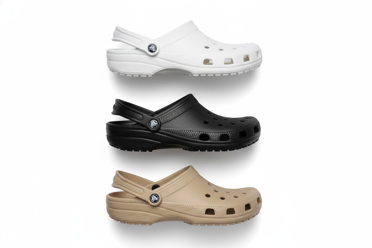dans un fond blanc met des crocs de couleur blanche noir et beige aligner sur le cote une seul paires de chaque dans un fond blanc